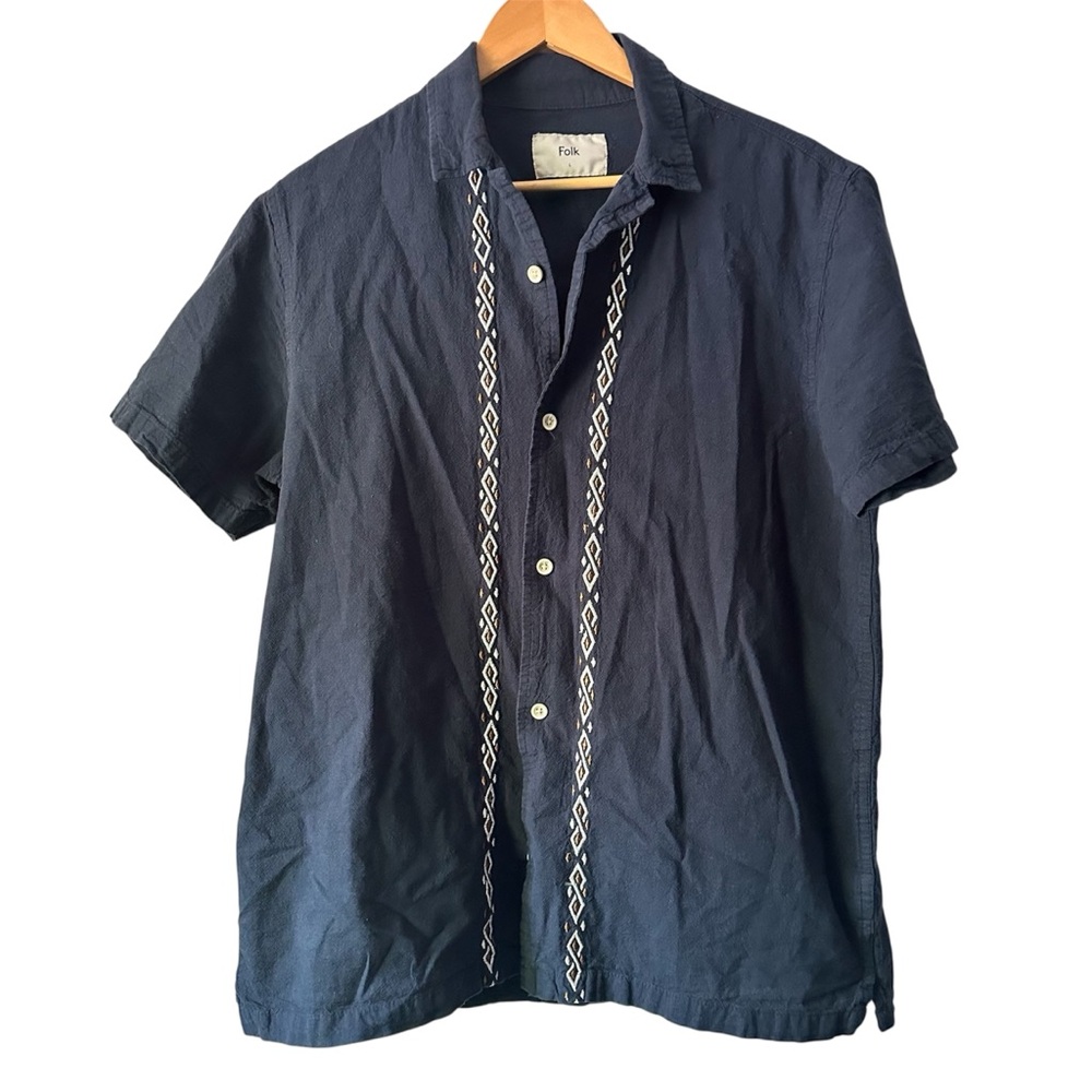 Folk Ridge Embroidered Linen Blend Navy Blue Short Sleeve Button Top Size Large‎